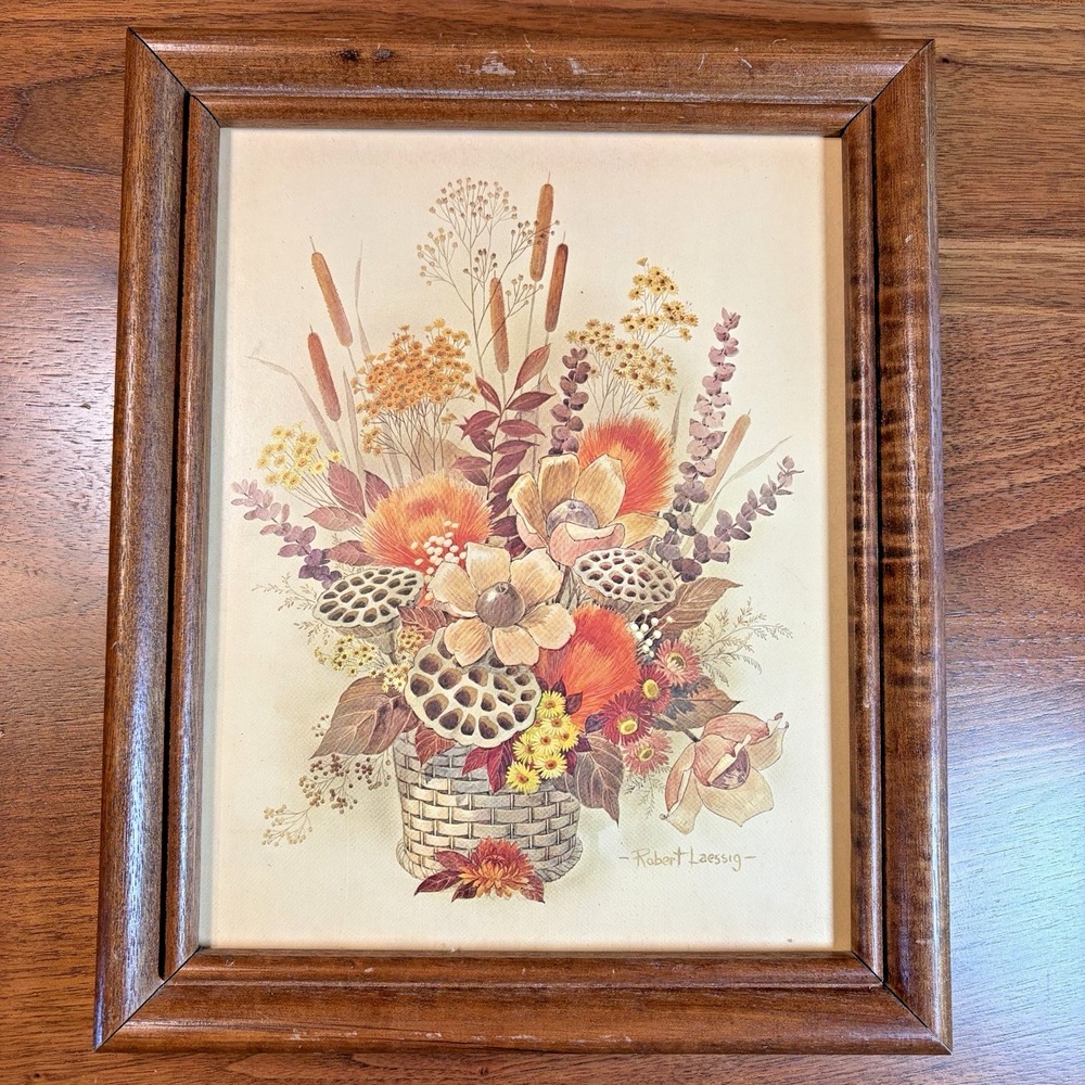 Vintage Robert Laessig Floral Framed 8x10 Print Wooden Frame Botanical Art